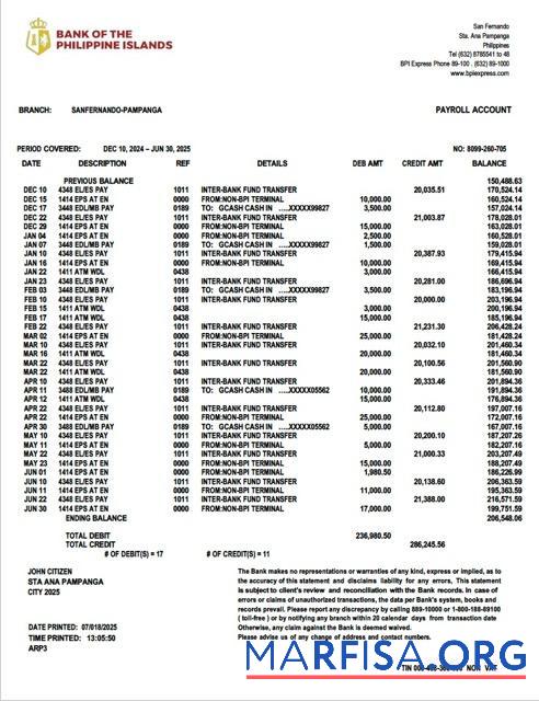 Realistic Philippines Bank of the Philippine Islands account statement word example